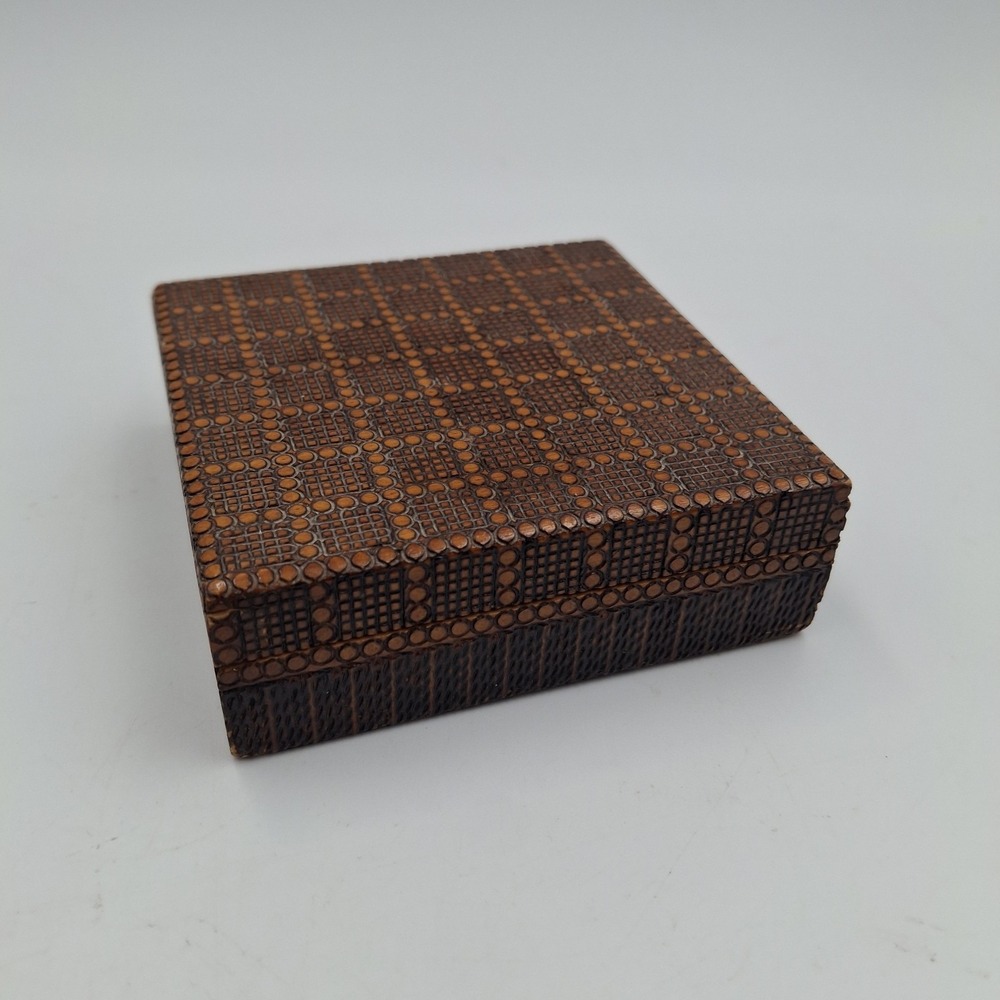 Vintage Hand Carved Wooden Trinket Box Geometric Folk Art Pyrography Square